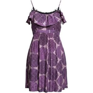 Lil for Anthropologie 100% Silk Purple Floral Mini Sundress 6 Lace Trim Ruffles